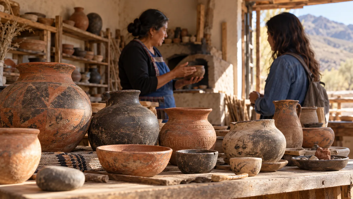 Piezas de alfarería tradicional expuestas en un paisaje de Catamarca